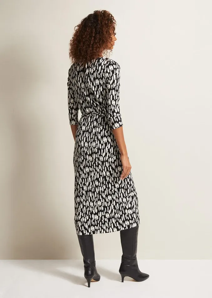 Women Phase Eight Day Dresses Jane Spotted Plisse Midi Dress Blackivory