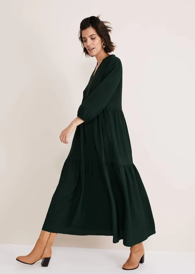 Women Phase Eight Day Dresses Jayde Tiered Midaxi Dress Dark Green