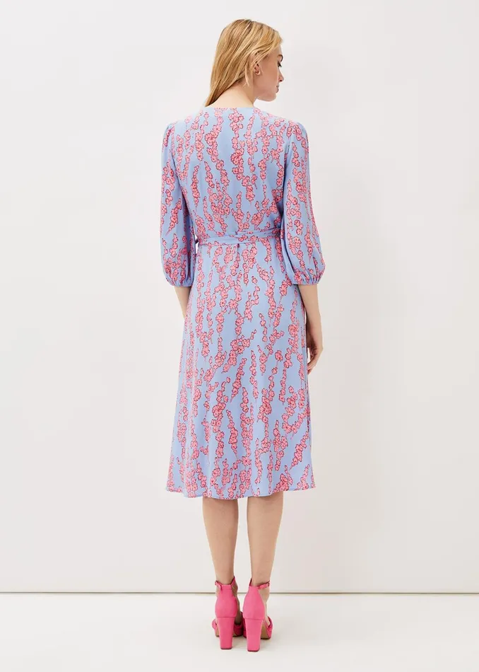 Women Phase Eight Day Dresses Jean Floral Wrap Midi Dress Powder Blue
