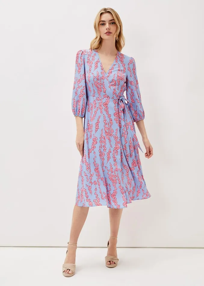 Women Phase Eight Day Dresses Jean Floral Wrap Midi Dress Powder Blue