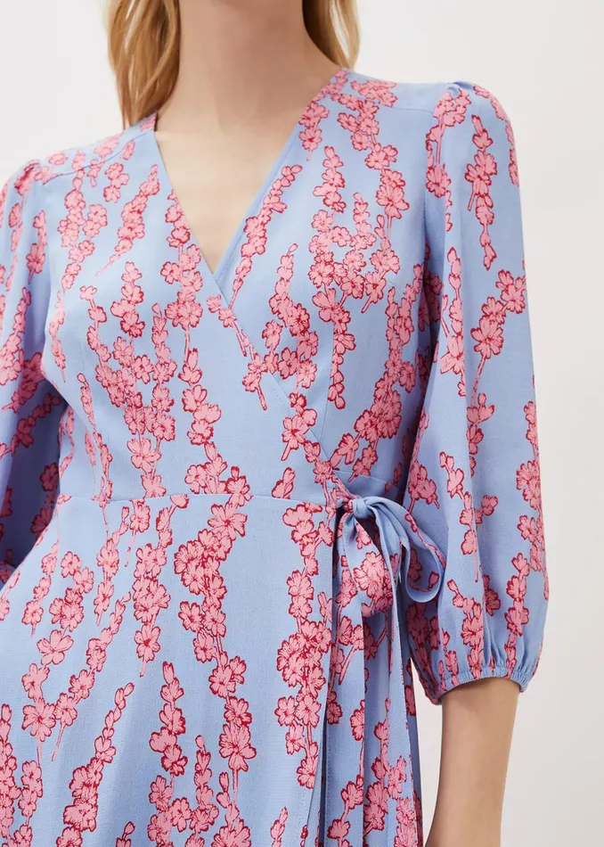 Women Phase Eight Day Dresses Jean Floral Wrap Midi Dress Powder Blue