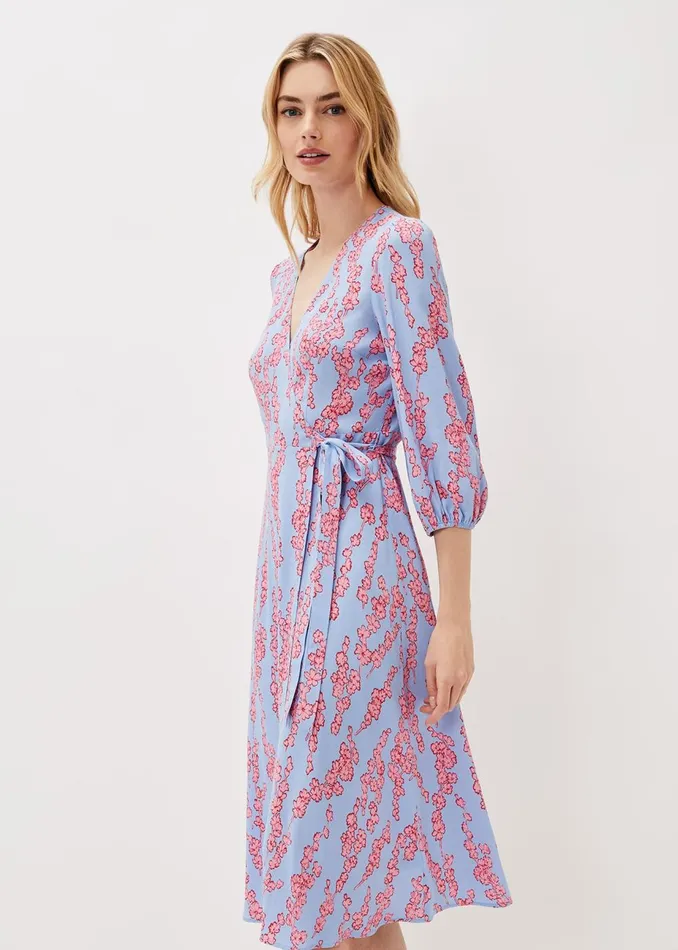 Women Phase Eight Day Dresses Jean Floral Wrap Midi Dress Powder Blue