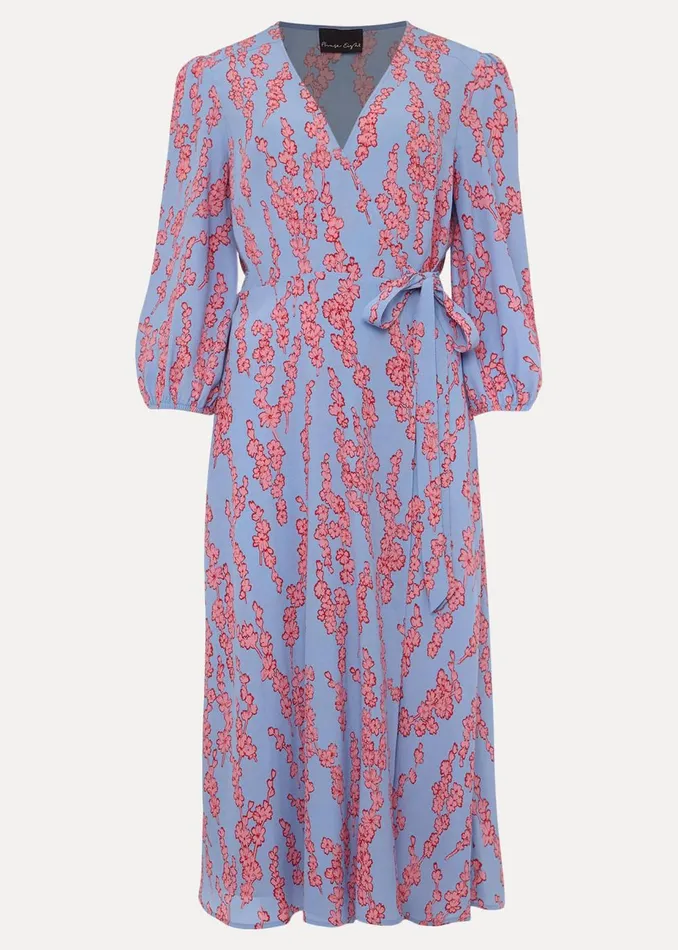 Women Phase Eight Day Dresses Jean Floral Wrap Midi Dress Powder Blue