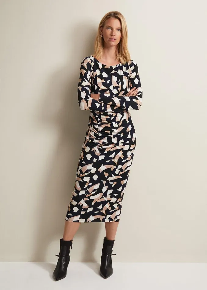 Women Phase Eight Day Dresses Jordana Geo Ruched Midi Dress Navy