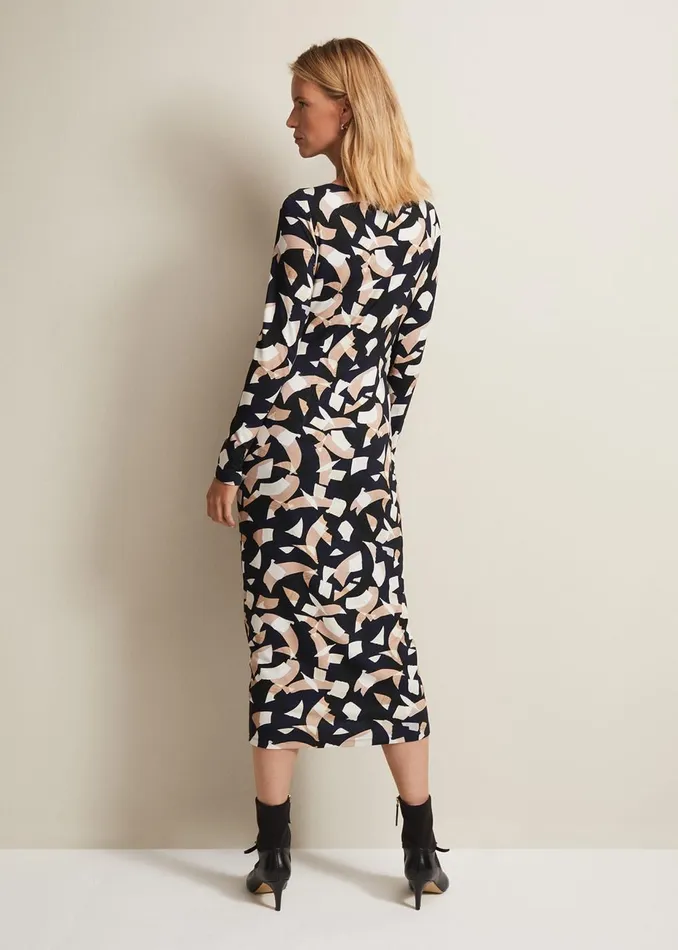 Women Phase Eight Day Dresses Jordana Geo Ruched Midi Dress Navy