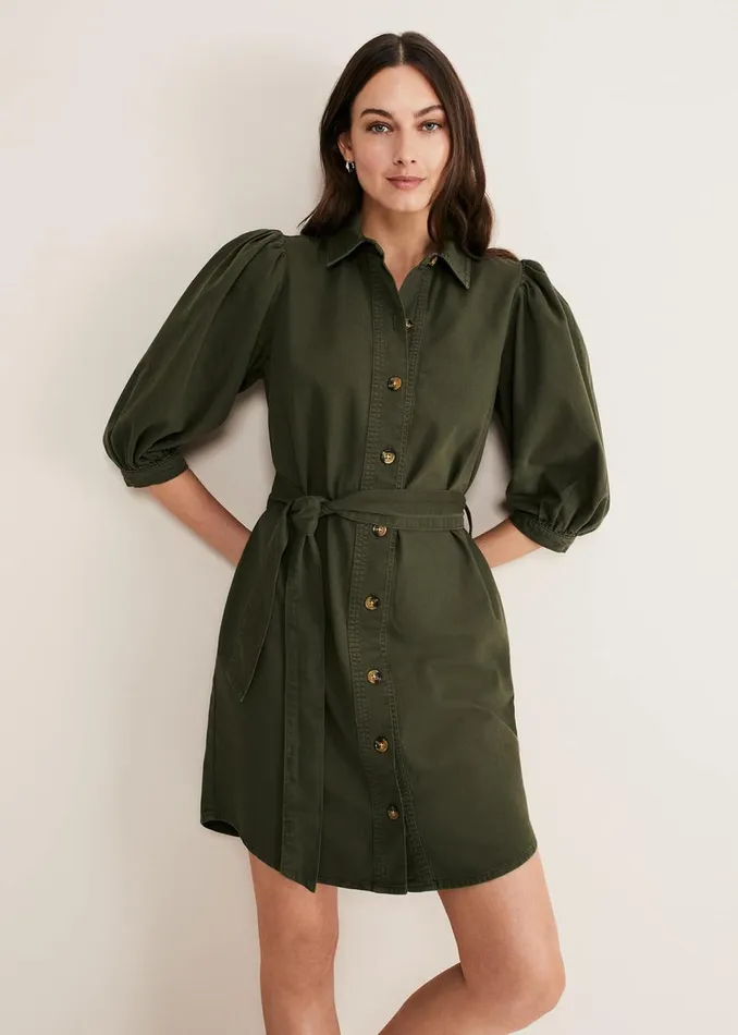 Women Phase Eight Day Dresses Josephine Denim Puff Sleeve Dress Khaki