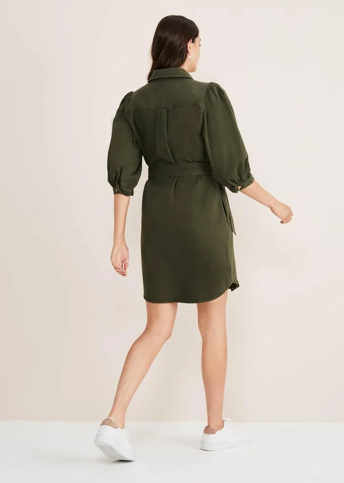 Women Phase Eight Day Dresses Josephine Denim Puff Sleeve Dress Khaki