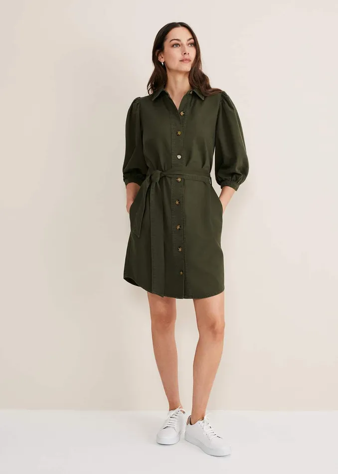 Women Phase Eight Day Dresses Josephine Denim Puff Sleeve Dress Khaki