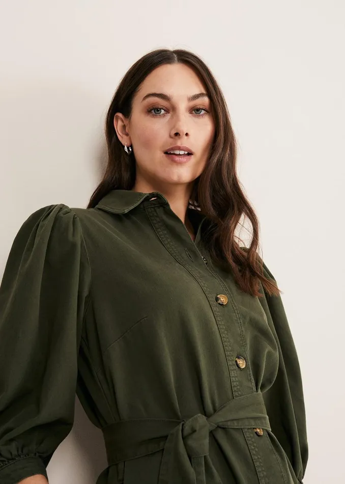 Women Phase Eight Day Dresses Josephine Denim Puff Sleeve Dress Khaki