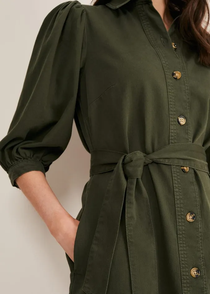 Women Phase Eight Day Dresses Josephine Denim Puff Sleeve Dress Khaki