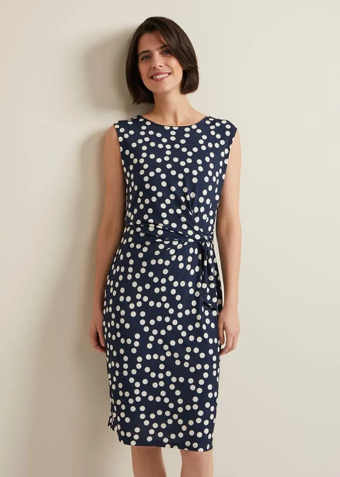 Women Phase Eight Day Dresses Josey Jersey Spot Bodycon Midi Dress Navyivory