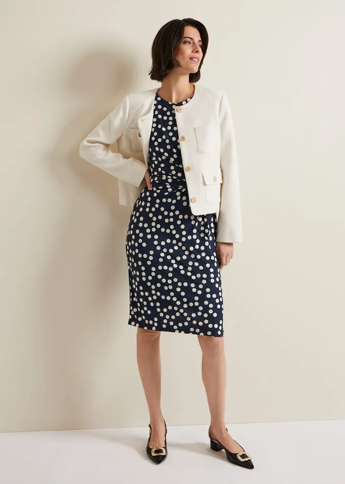 Women Phase Eight Day Dresses Josey Jersey Spot Bodycon Midi Dress Navyivory