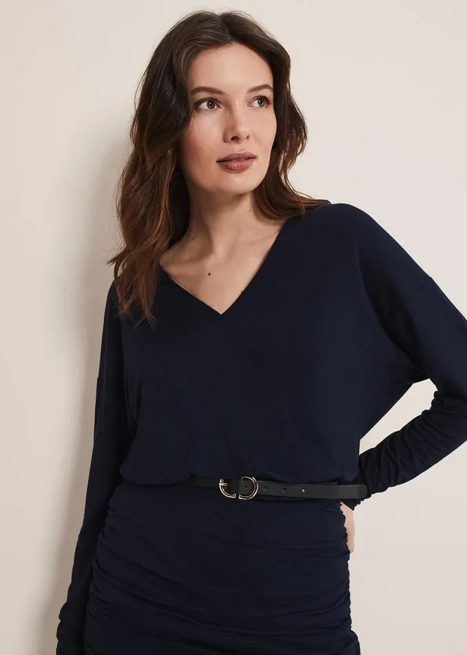 Women Phase Eight Day Dresses Jules Jersey Belted Batwing Dress Navy