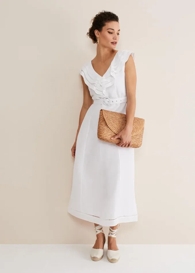 Women Phase Eight Day Dresses Julieta White Linen Ruffle Broderie Midi Dress White