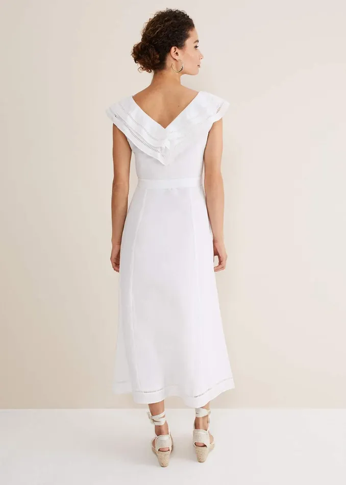 Women Phase Eight Day Dresses Julieta White Linen Ruffle Broderie Midi Dress White