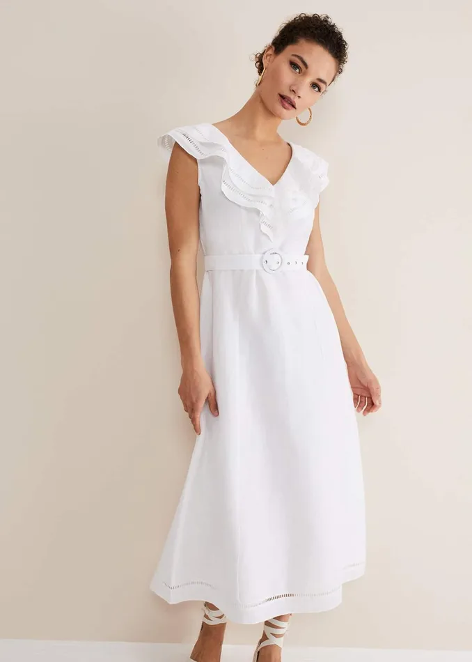 Women Phase Eight Day Dresses Julieta White Linen Ruffle Broderie Midi Dress White