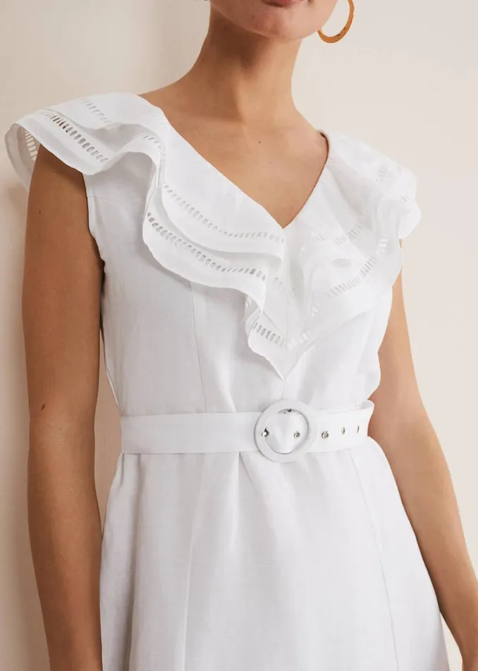 Women Phase Eight Day Dresses Julieta White Linen Ruffle Broderie Midi Dress White