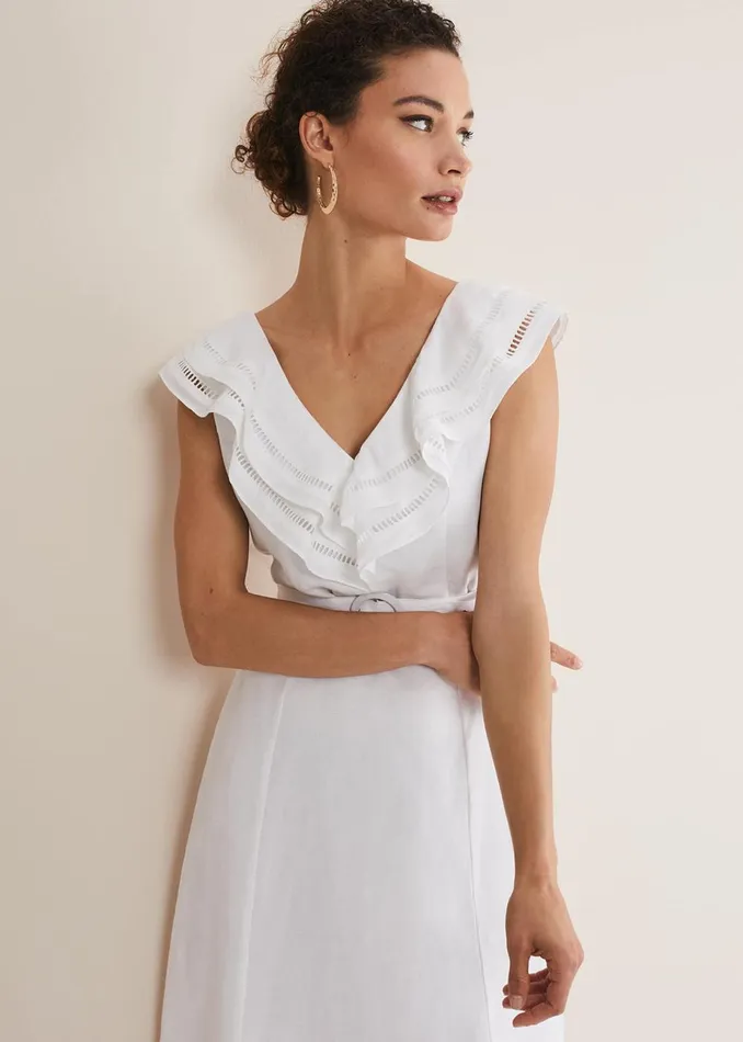 Women Phase Eight Day Dresses Julieta White Linen Ruffle Broderie Midi Dress White