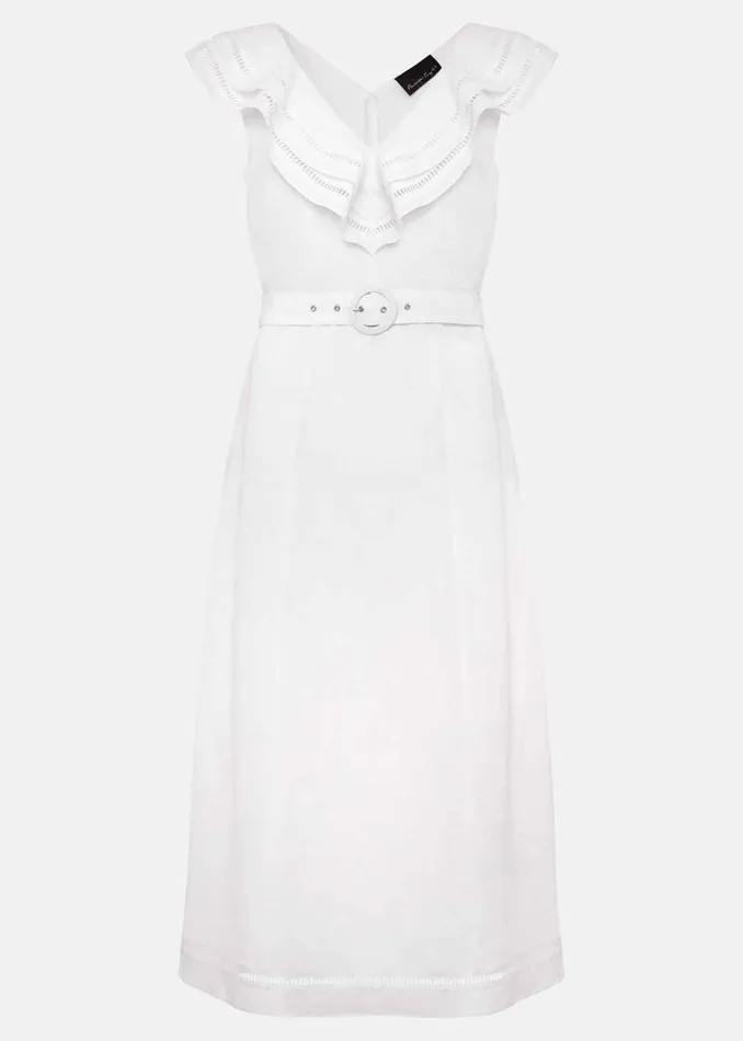 Women Phase Eight Day Dresses Julieta White Linen Ruffle Broderie Midi Dress White