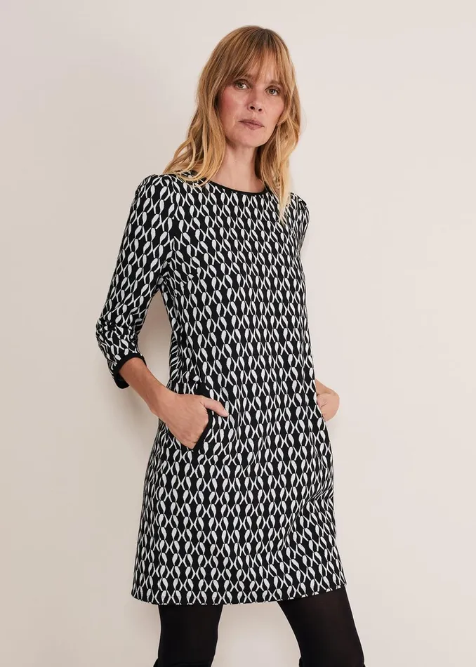 Women Phase Eight Day Dresses Katrine Geo Jacquard Dress Blackivory