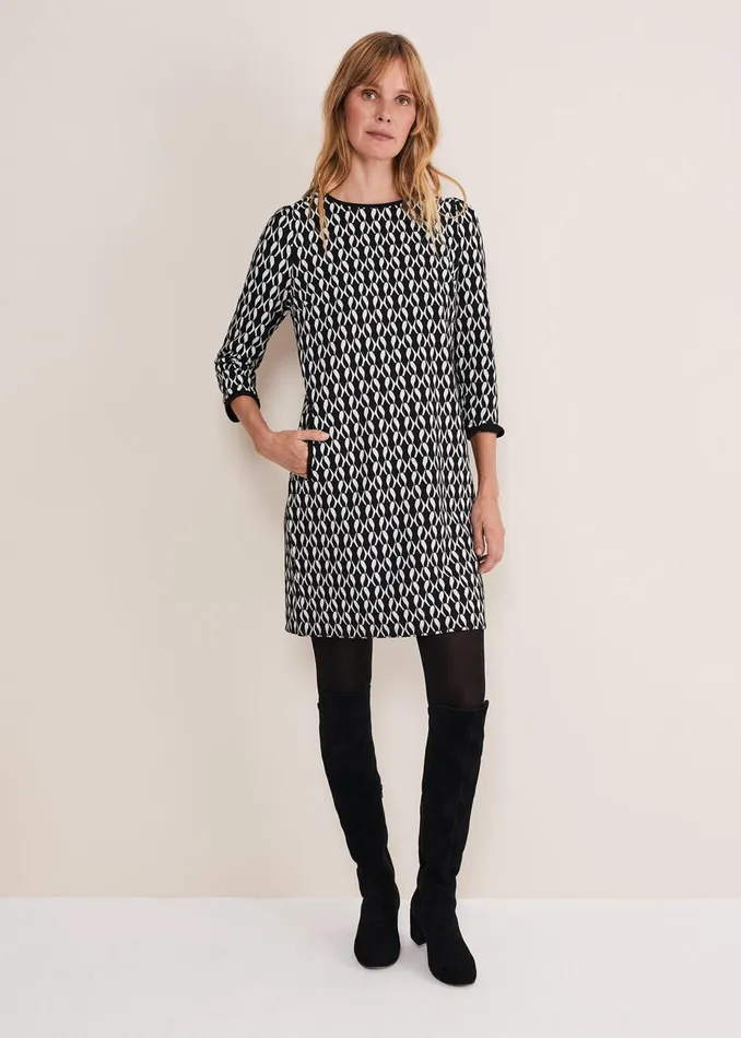Women Phase Eight Day Dresses Katrine Geo Jacquard Dress Blackivory