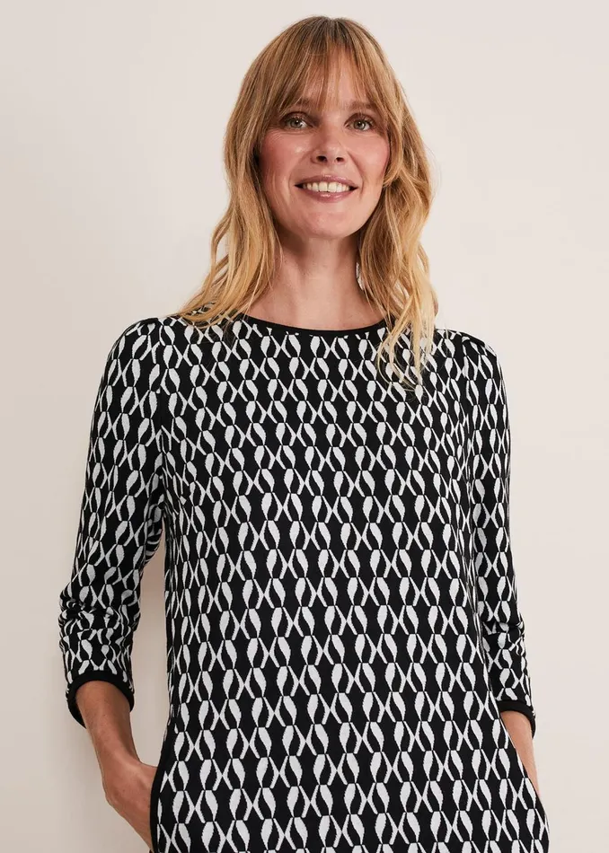 Women Phase Eight Day Dresses Katrine Geo Jacquard Dress Blackivory