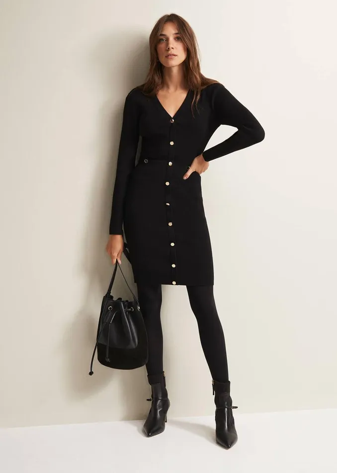 Women Phase Eight Day Dresses Kinza Black Knitted Mini Dress Black