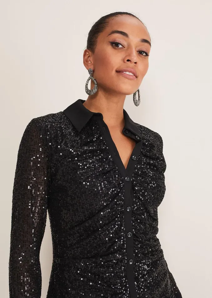 Women Phase Eight Day Dresses Kirsty Ruched Sequin Dress Black