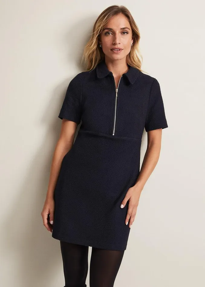 Women Phase Eight Day Dresses Lana Tweed Zip Tunic Mini Dress Navy