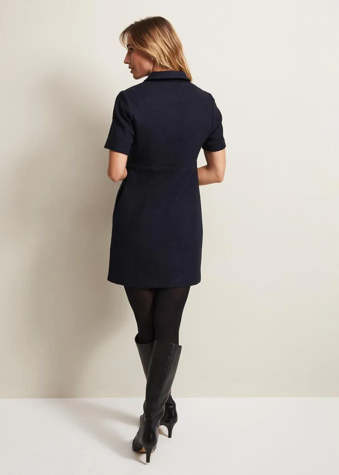 Women Phase Eight Day Dresses Lana Tweed Zip Tunic Mini Dress Navy