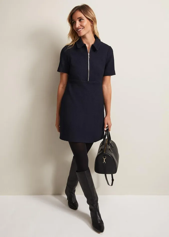 Women Phase Eight Day Dresses Lana Tweed Zip Tunic Mini Dress Navy