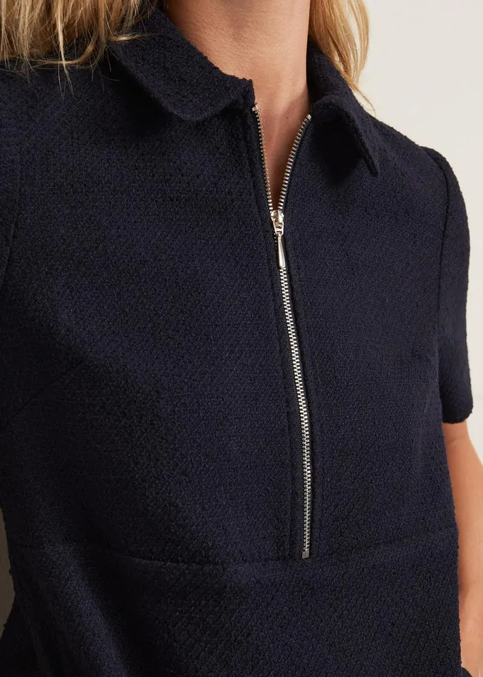 Women Phase Eight Day Dresses Lana Tweed Zip Tunic Mini Dress Navy