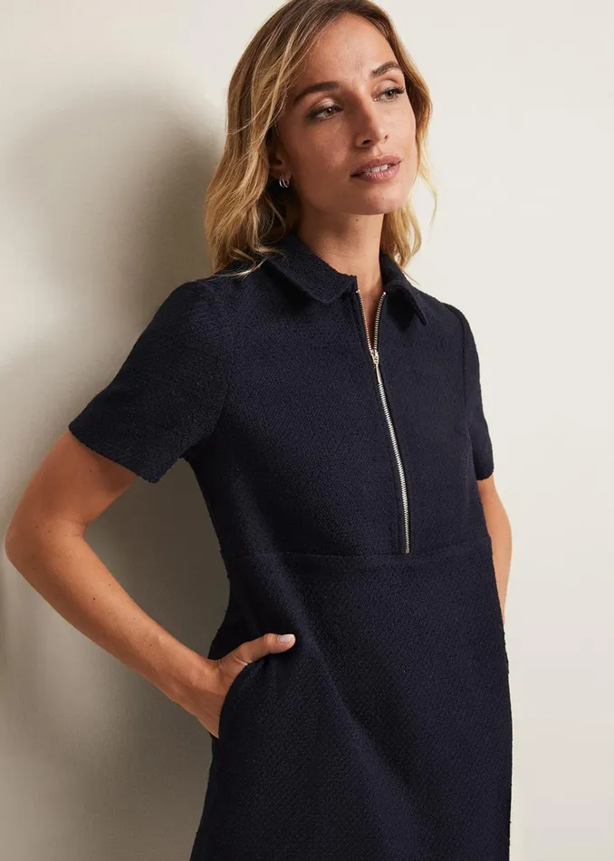 Women Phase Eight Day Dresses Lana Tweed Zip Tunic Mini Dress Navy