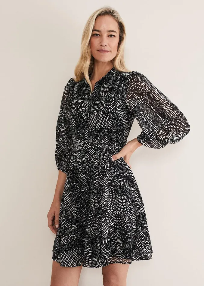 Women Phase Eight Day Dresses Miriam Chiffon Shirt Mini Dress Blackivory