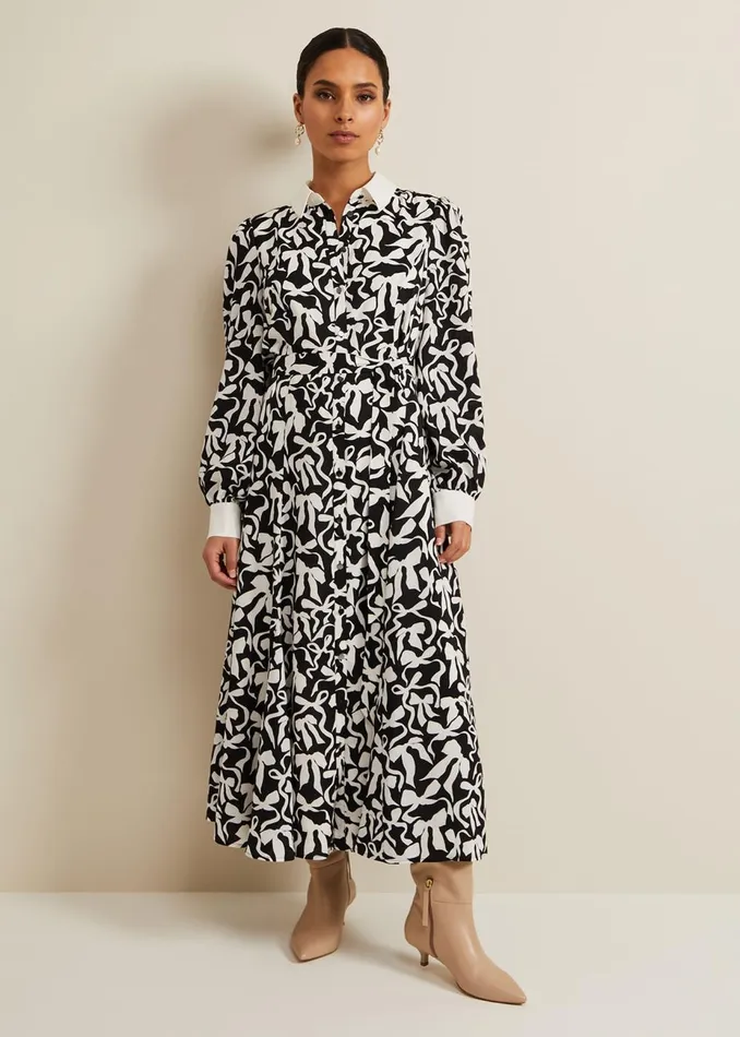 Women Phase Eight Day Dresses Petite Bonnie Black Bow Shirt Midi Dress Blackivory