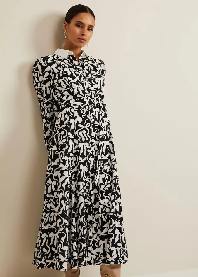 Women Phase Eight Day Dresses Petite Bonnie Black Bow Shirt Midi Dress Blackivory