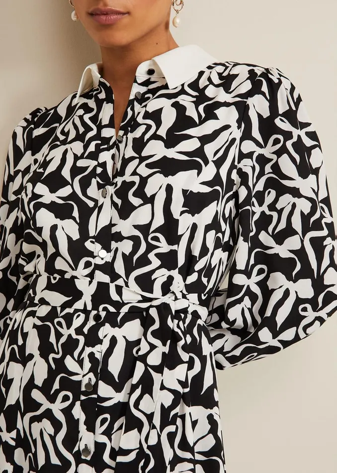 Women Phase Eight Day Dresses Petite Bonnie Black Bow Shirt Midi Dress Blackivory