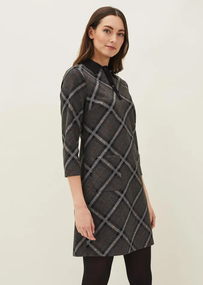 Women Phase Eight Day Dresses Rayia Check Tunic Dress Blackgrey