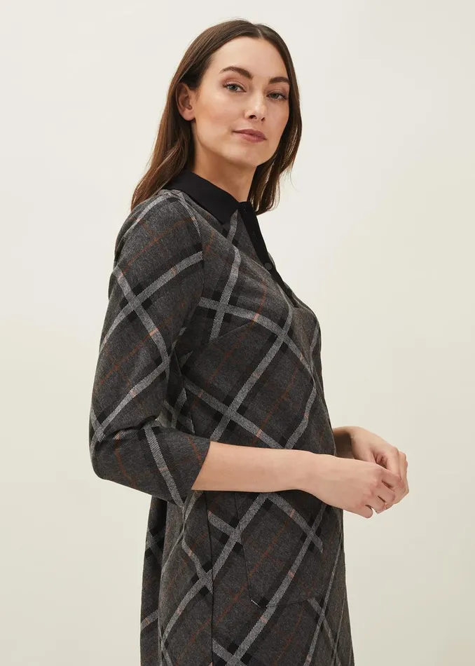 Women Phase Eight Day Dresses Rayia Check Tunic Dress Blackgrey