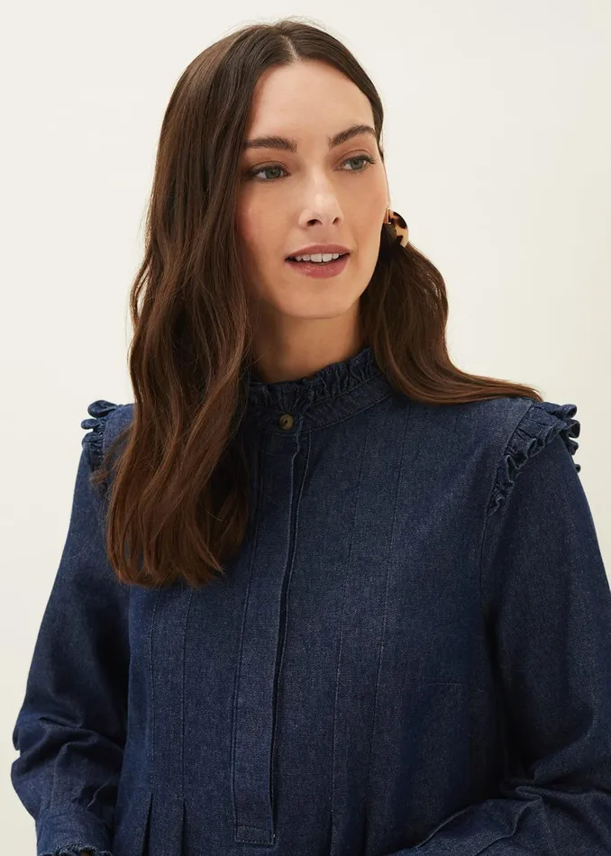 Women Phase Eight Day Dresses Saige Denim Frill Detail Dress Indigo