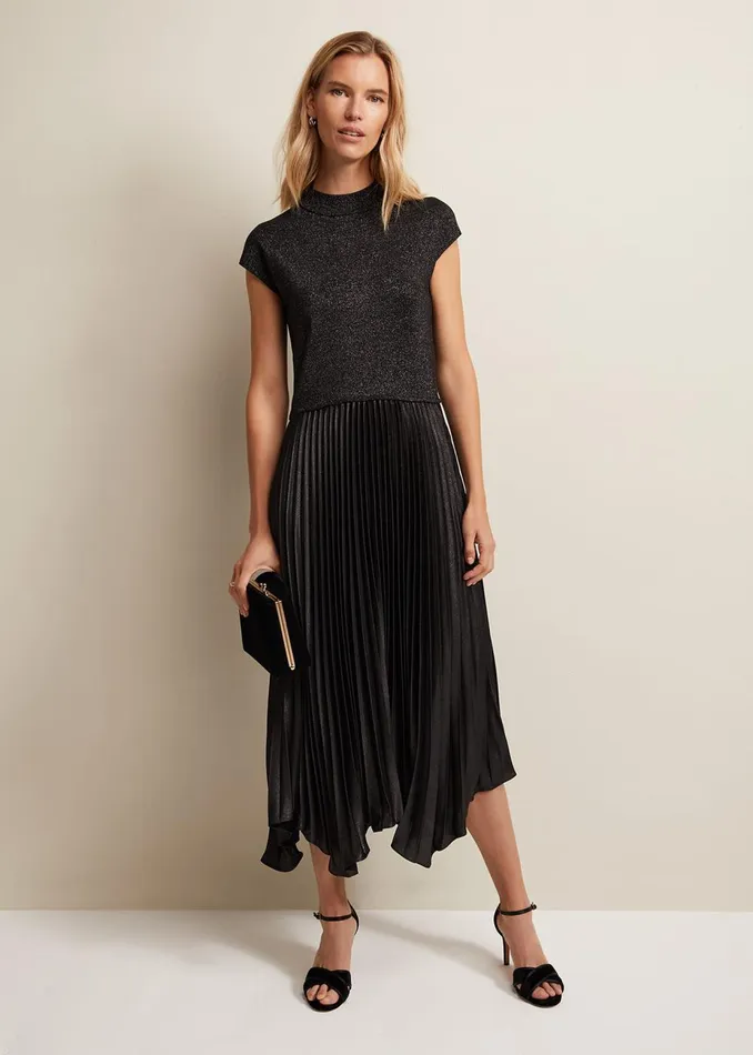Women Phase Eight Day Dresses Selena Foil Pleated Midi Dress Gunmetal