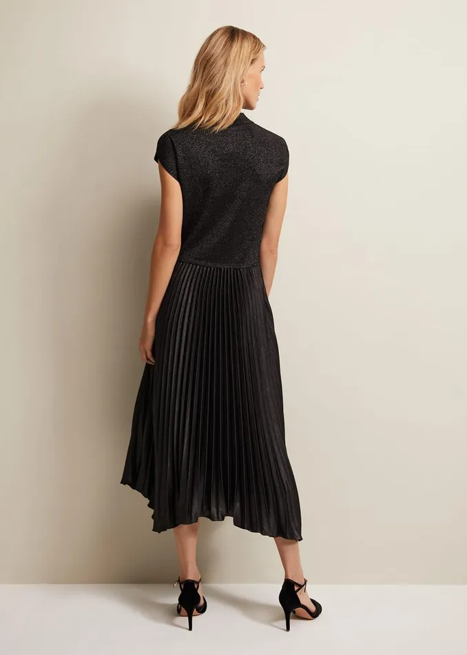 Women Phase Eight Day Dresses Selena Foil Pleated Midi Dress Gunmetal