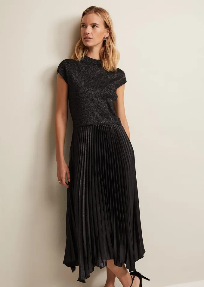 Women Phase Eight Day Dresses Selena Foil Pleated Midi Dress Gunmetal