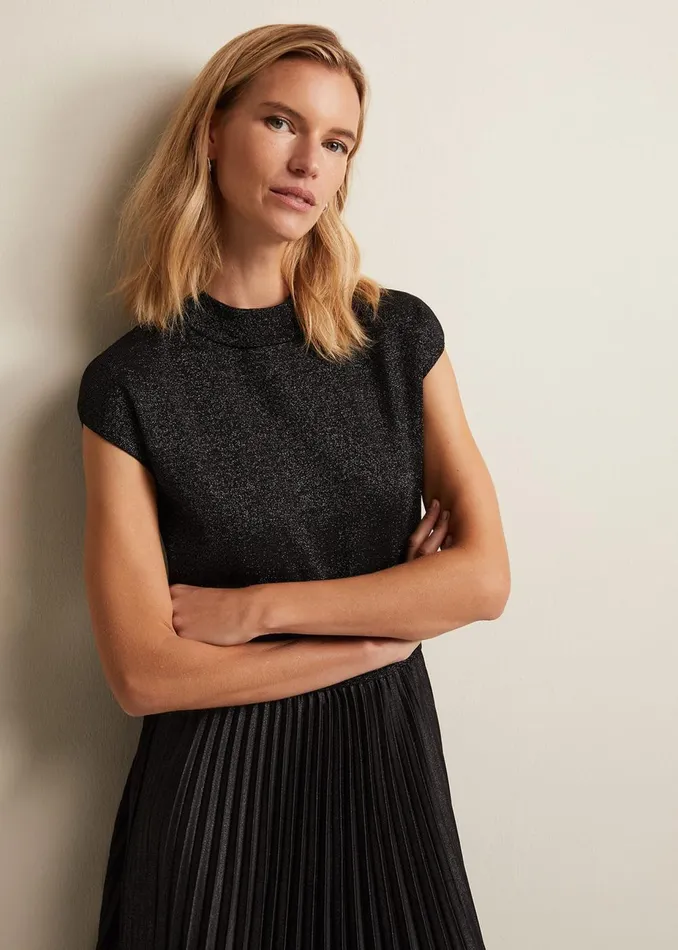 Women Phase Eight Day Dresses Selena Foil Pleated Midi Dress Gunmetal