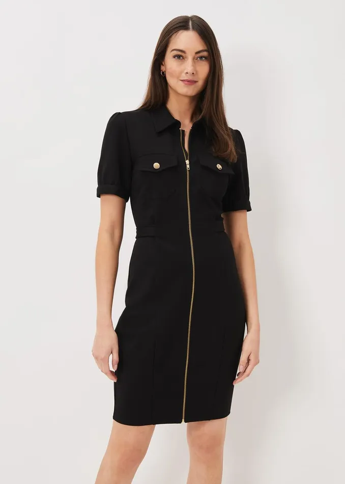 Women Phase Eight Day Dresses Shaden Zip Front Ponte Dress Black