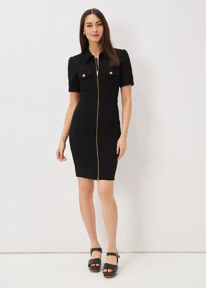 Women Phase Eight Day Dresses Shaden Zip Front Ponte Dress Black