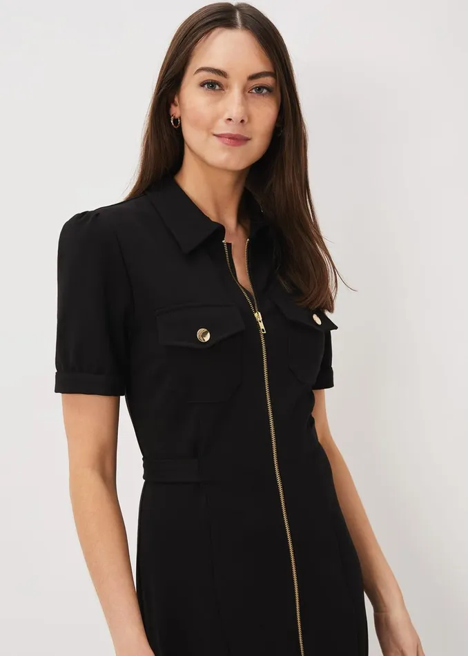 Women Phase Eight Day Dresses Shaden Zip Front Ponte Dress Black