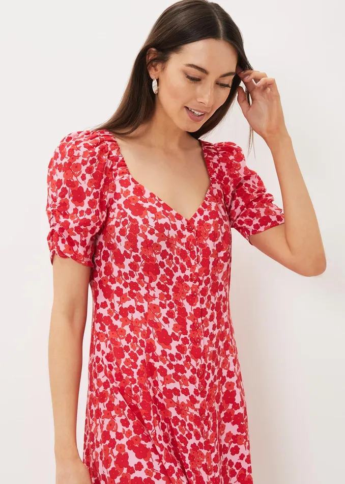 Women Phase Eight Day Dresses Sheryl Floral Tea Dress Pinkred
