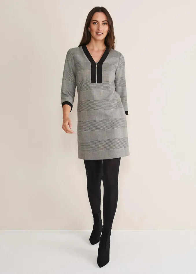 Women Phase Eight Day Dresses Soraya Check Midi Dress Blackwhite