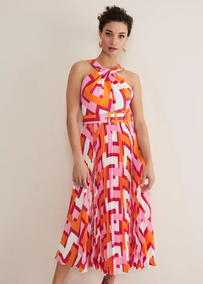 Women Phase Eight Day Dresses Yas Abstract Halterneck Midi Dress Pinkorange